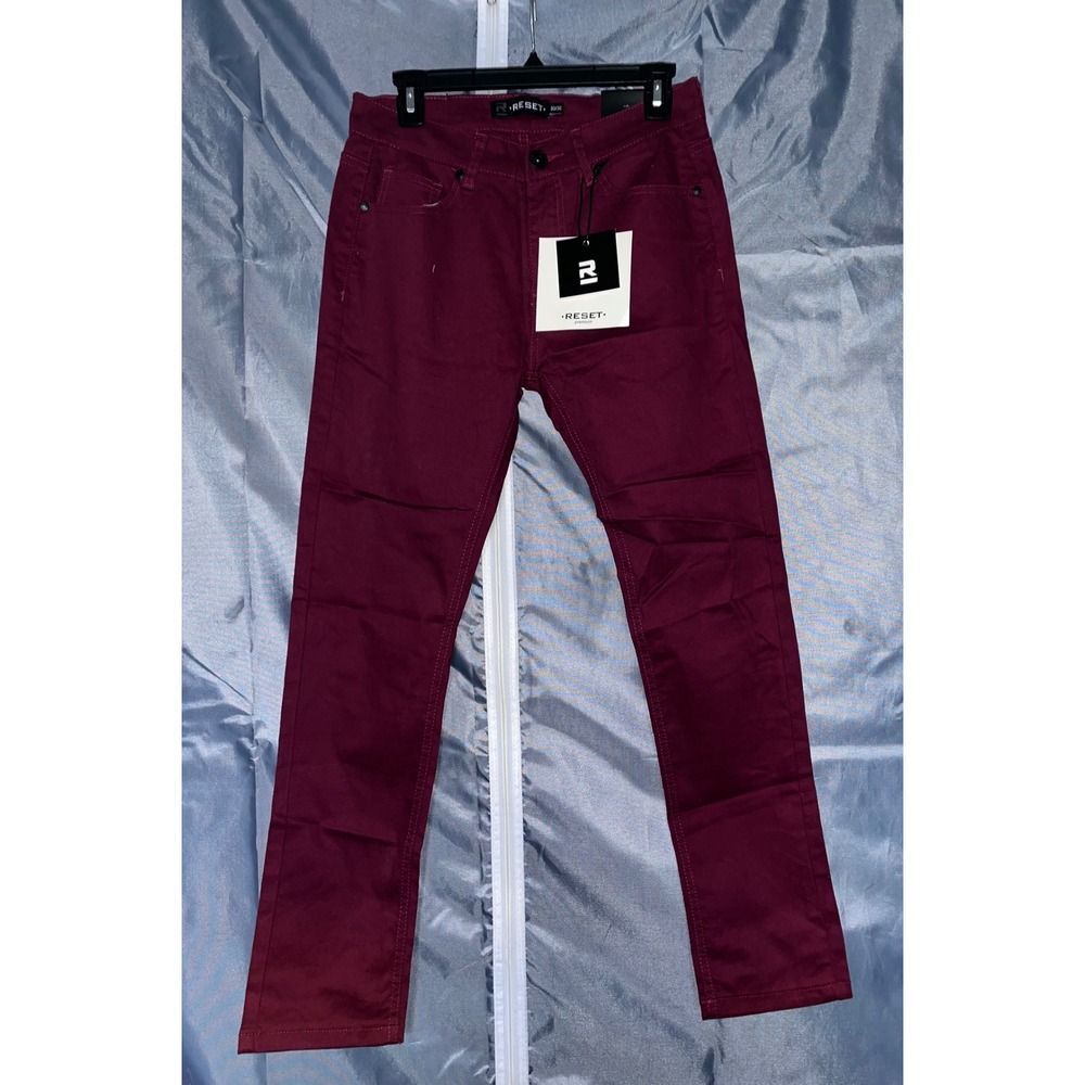 RESET Premium Mens Slim Fit Pants 30x30 Burgundy Maroon Chino Stretch Trousers
